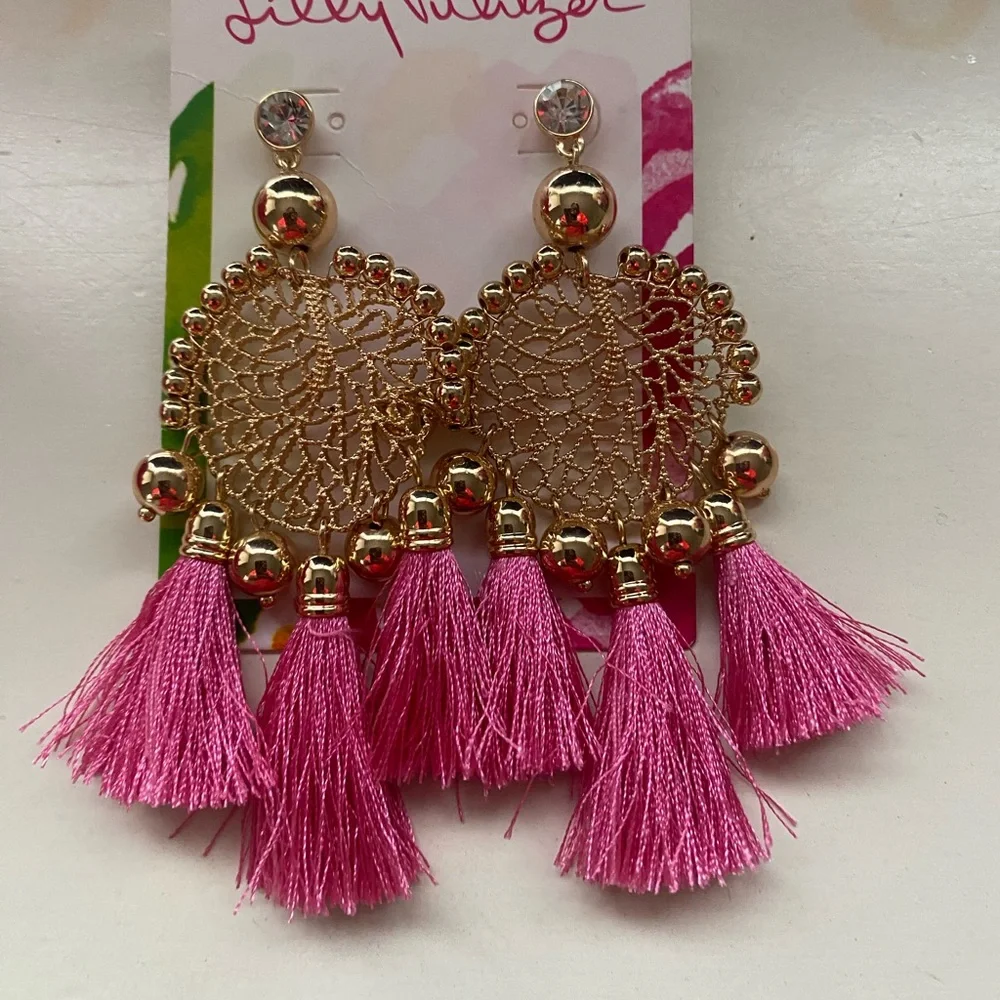 Lilly Pulitzer Gold Lace Earrings with Pink Tassels - Picture 1 of 2